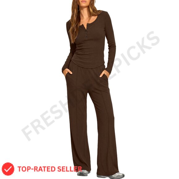 Long Sleeve Henley Top Wide Leg Pants Lounge Set Chic Casual Comfort Travel